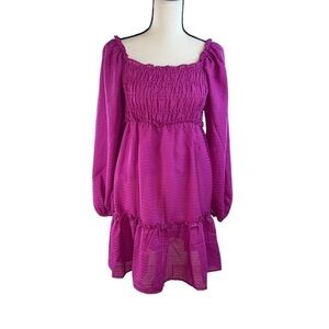 Umgee Babydoll Tiered Smocked Long Sleeve Dress Y2K Fuchsia Festival  Small